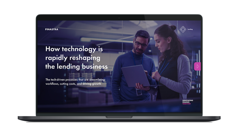 Image of laptop with cover slide of "How technology is rapidly reshaping the lending business" white paper