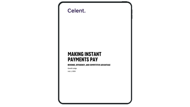 Image of tablet with cover slide of "Making instant payments pay: Revenue, efficiency, and competitive advantage" report