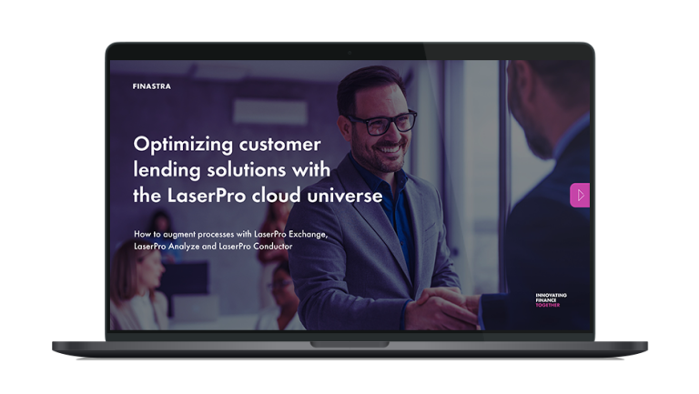 Image of laptop with cover slide of "Optimizing customer lending solutions with the LaserPro cloud universe" white paper