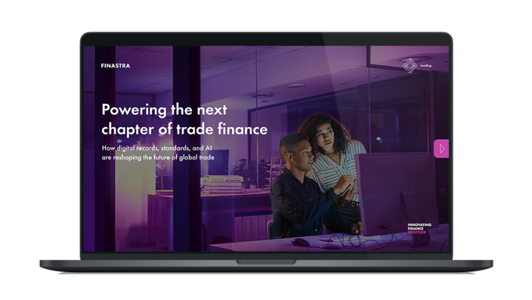 Image of laptop with cover slide of "Powering the next chapter of trade finance" white paper