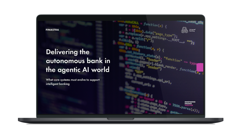 Image of laptop with cover slide of "Delivering the autonomous bank in the Agentic AI world" whitepaper