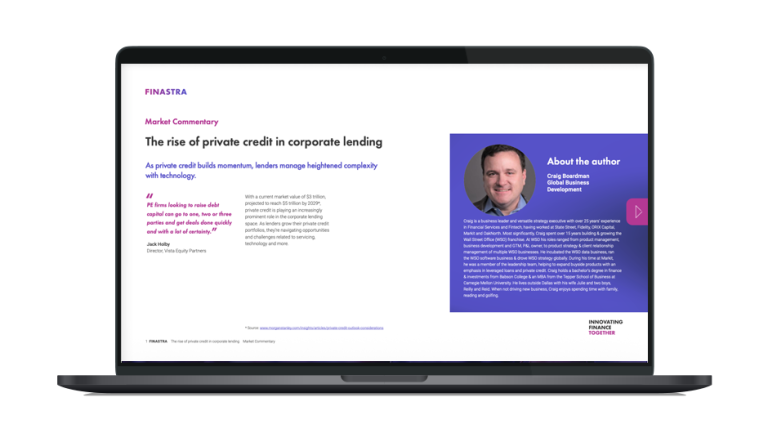 Image of laptop with cover slide of "The rise of private credit in corporate lending" report