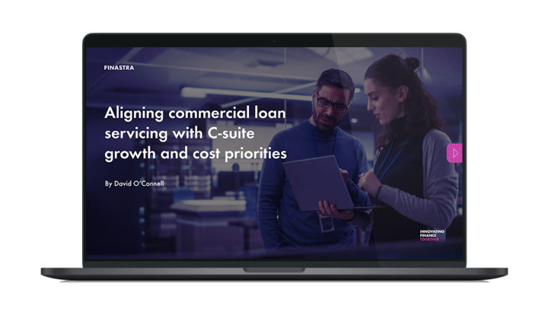 Image of laptop with cover slide of "Aligning commercial loan servicing with C-suite growth and cost priorities" white paper