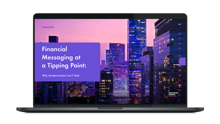 Image of laptop with cover slide of "Financial messaging at a tipping point: Why modernization can’t wait" ebook