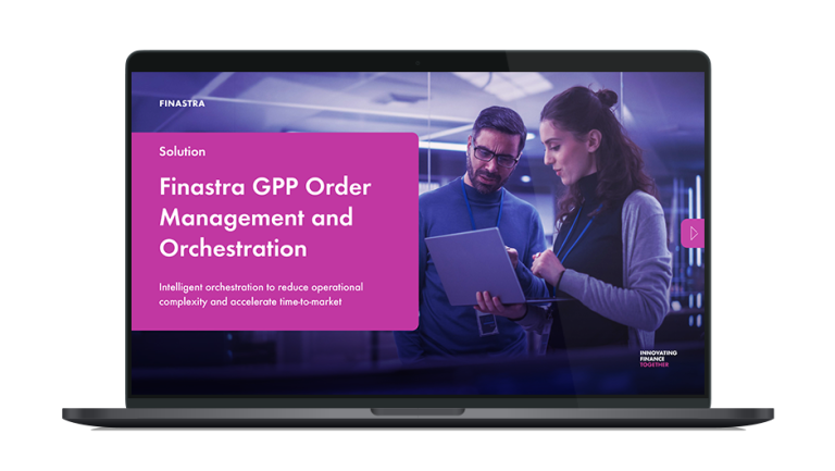 Image of laptop with cover slide of "Finastra GPP Order Management and Orchestration" brochure