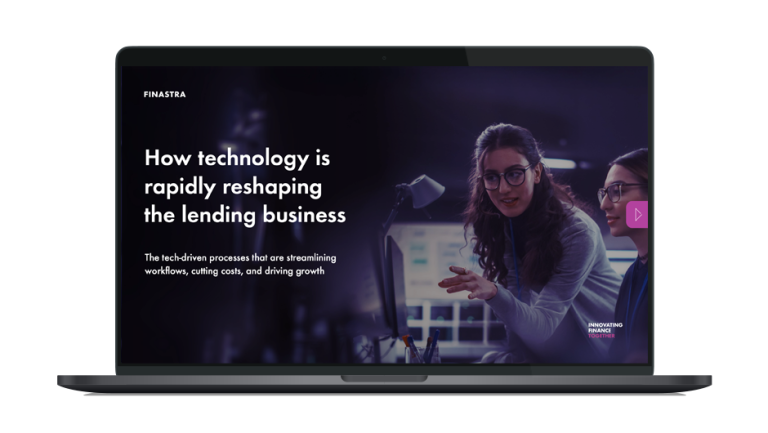 Image of laptop with cover slide of "How technology is rapidly reshaping the lending business" white paper