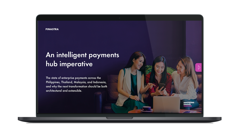 Image of laptop with cover slide of "An intelligent payments hub imperative" whitepaper