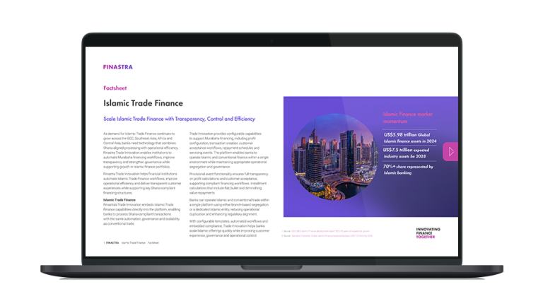 Image of laptop with cover slide for the "Islamic Trade Finance: Scale Sharia-compliant trade finance with Trade Innovation" factsheet