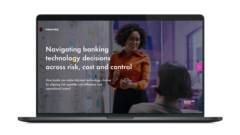 Image of laptop with cover slide for the "Navigating banking technology decisions across risk, cost and control" white paper