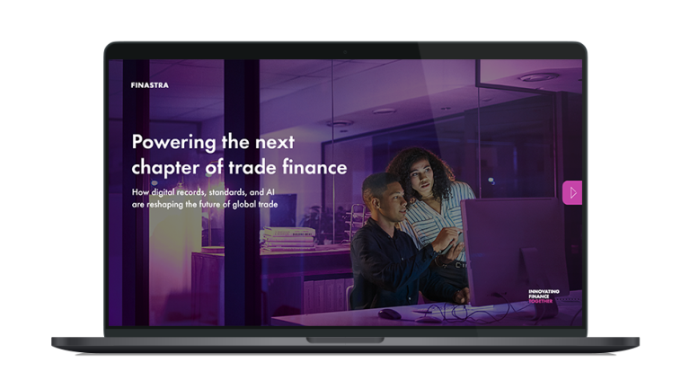 Image of laptop with cover slide of "Powering the next chapter of trade finance" white paper