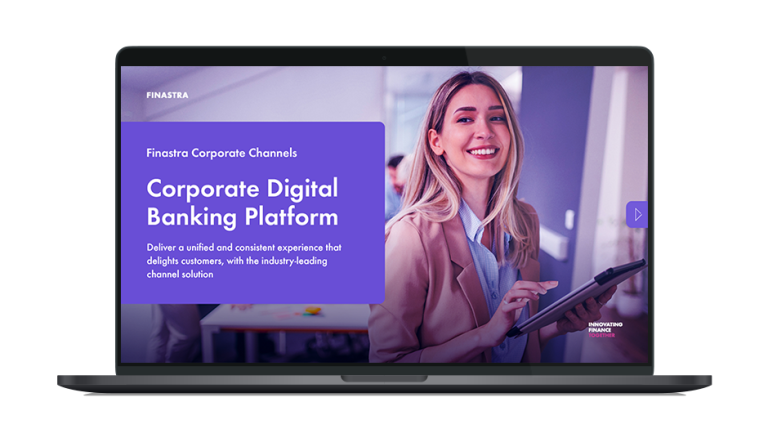 Image of laptop with cover slide of "A unified, modern digital experience for corporates" brochure