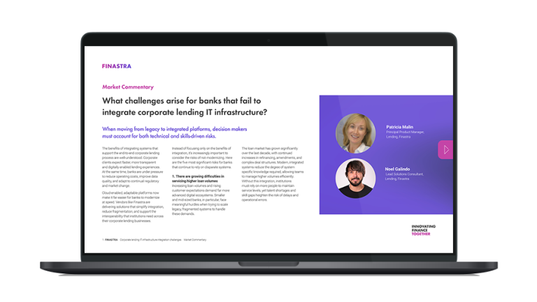 Image of laptop with cover slide of "What challenges arise for banks that fail to integrate corporate lending IT infrastructure?" white paper