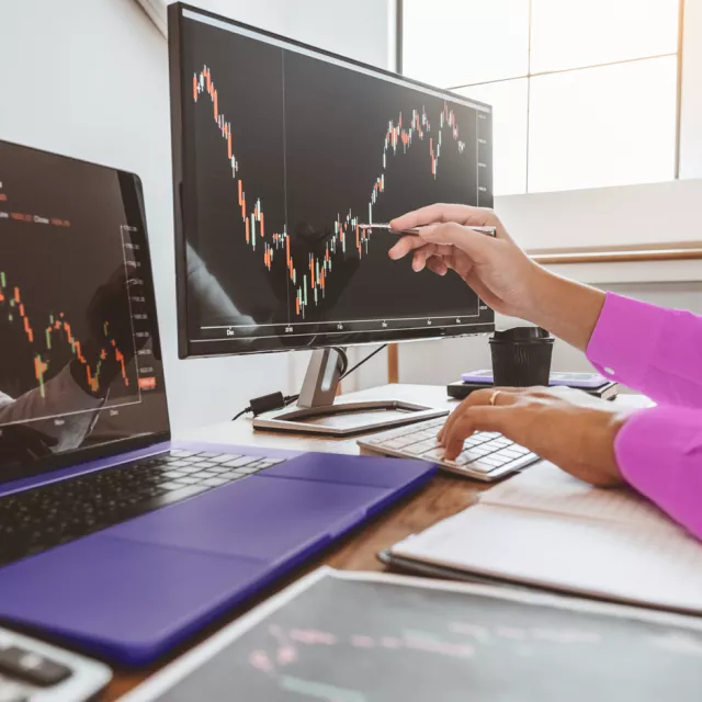 Person pointing at chart computer