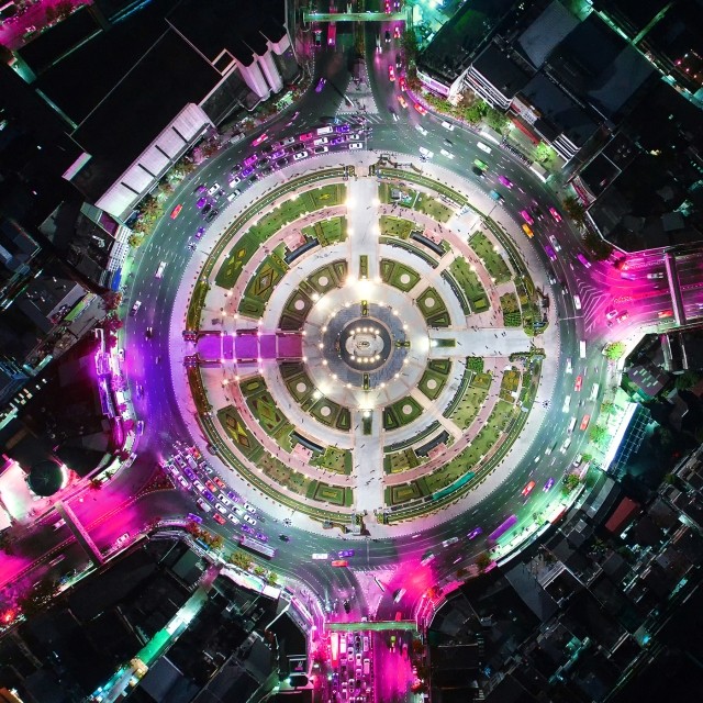 Aerial view of a roundabout at night