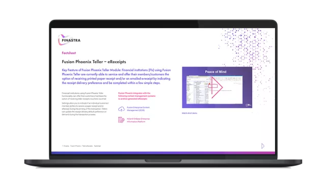 Image of laptop with cover slide for "Fusion Phoenix Teller – eReceipts" brochure
