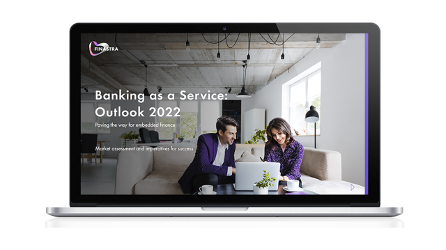 Image of laptop with cover slide for "Banking as a Service: Outlook 2022" report