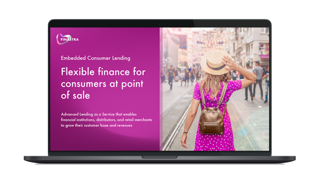 Image of laptop with cover slide for "Finastra Embedded Consumer Lending" brochure