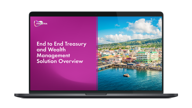 Image of laptop with cover slide for "End-to-end Treasury and Wealth Management Solution Overview" brochure