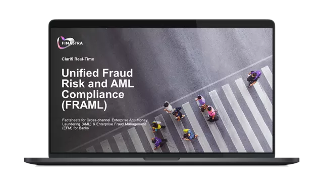 Image of laptop with cover slide for "Unified Fraud Risk and AML Compliance (FRAML)" factsheet
