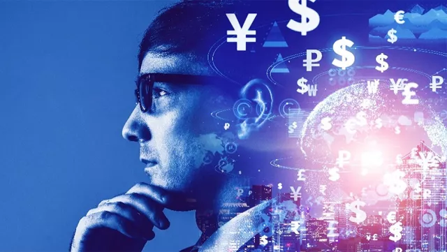 Image of man thinking and a collage of currencies