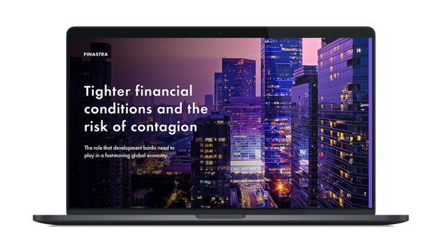 Image of tablet with cover slide for "Tighter financial conditions and the risk of contagion" white paper