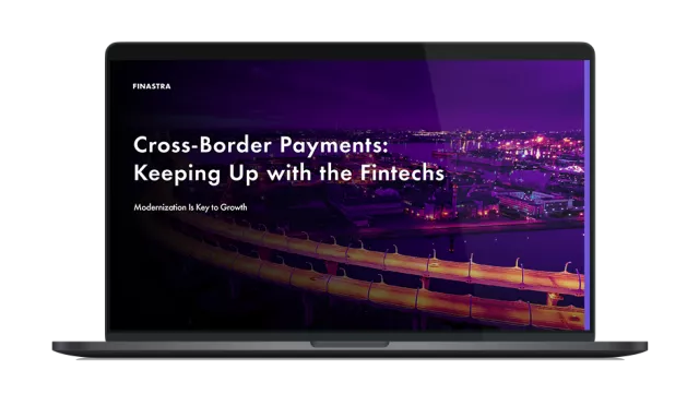 Image of laptop with cover slide for "Cross-border payments: Keeping up with the fintechs" ebook