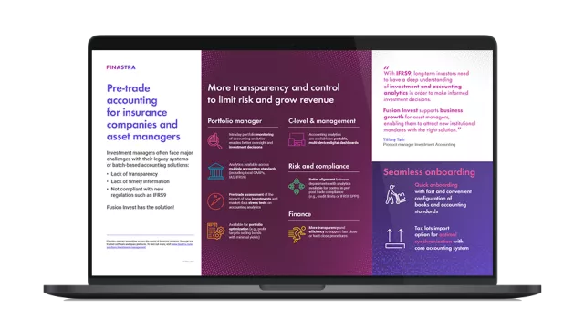 Image of laptop with cover slide for "Pre-trade accounting for insurance companies and asset managers" infographic