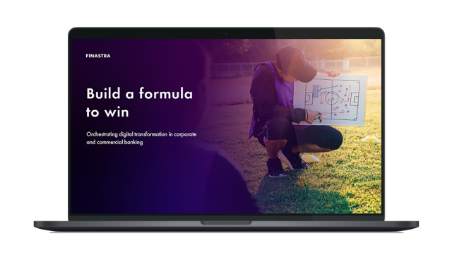 Image of laptop with cover slide for "Build a formula to win: Orchestrating digital transformation in global banking" white paper
