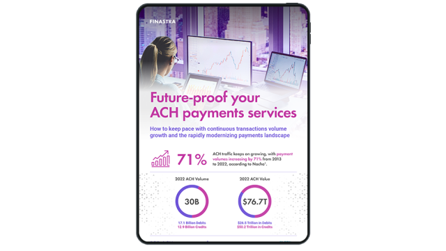 Image of tablet with cover slide for "Future-proof your ACH payments services - keep pace with growing volumes and modernization" infographic