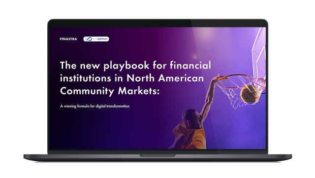 Image of laptop with cover slide for "The new playbook for financial institutions in North American Community Markets: A winning formula for digital transformation" white paper
