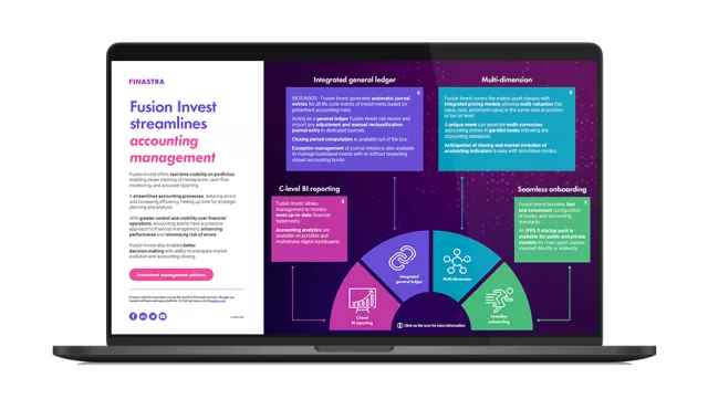 Image of laptop with cover slide for "Fusion Invest Accounting General Ledger" infographic