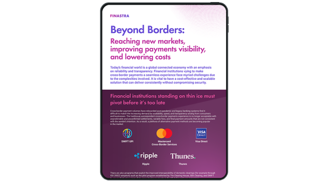 Image of tablet with cover slide for "Beyond borders: Reaching new markets, improving payments visibility, and lowering costs" infographic