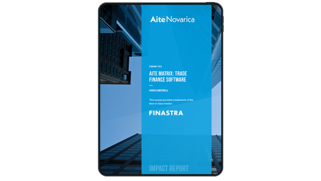 Image of tablet with cover slide for "Finastra named best-in-class trade finance software vendor" report