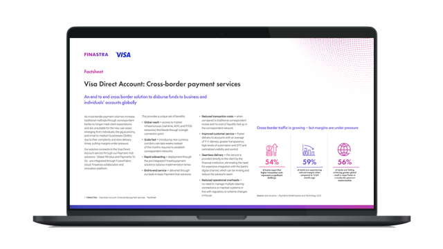 Image of laptop with cover slide for "Visa Direct Account: Cross-border payment services" brochure
