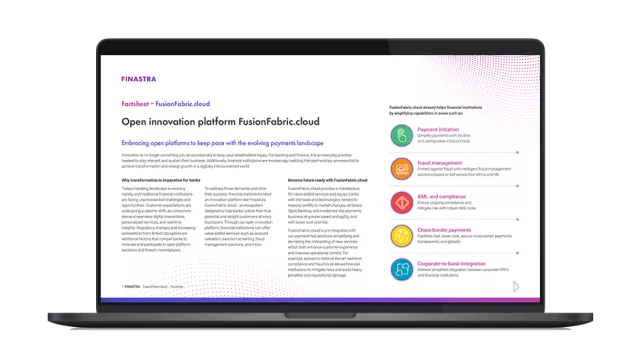 Image of laptop with cover slide for "Embracing open platforms to keep pace with the evolving payments landscape" factsheet