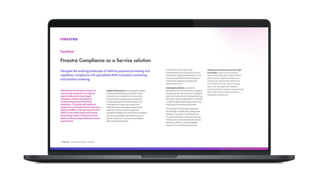 Image of laptop with cover slide for Finastra Compliance as a Service factsheet