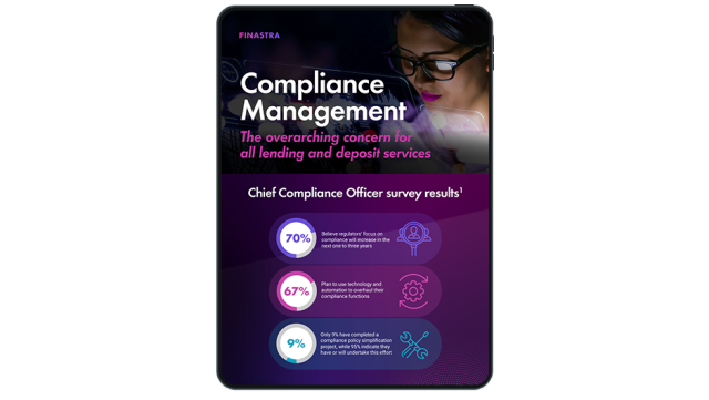 Image of tablet with cover slide of "Finastra Compliance Management" infographic