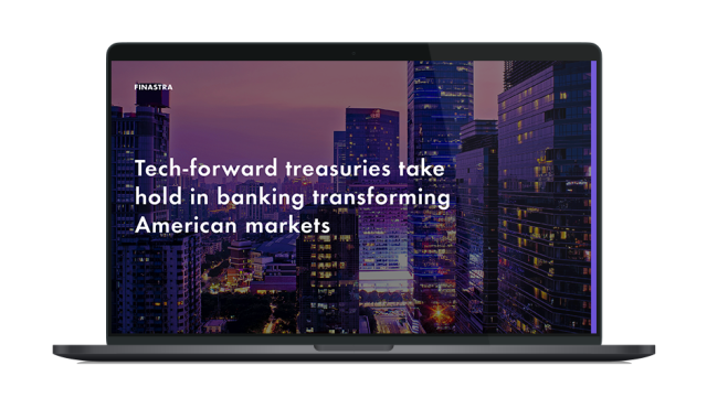 Image of laptop with cover slide for "Tech-forward treasuries take hold in banking transforming American markets" white paper
