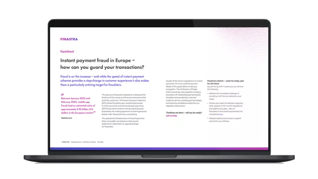 Image of laptop with cover slide for the "Instant payment fraud in Europe – How can you guard your transactions?" brochure