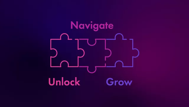 Image of three puzzle pieces and the words "Navigate, Unlock, Grow"