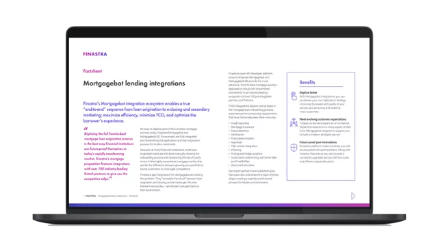 Image of laptop with cover slide for the "Mortgage origination integrations automate and accelerate lending opportunities" brochure