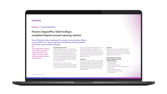 Image of laptop with cover slide for "	Finastra DepositPro: Total lending’s compliant deposit account opening solution" factsheet