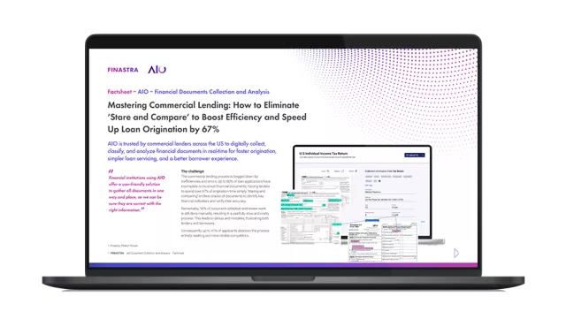 Image of laptop with cover slide for "AIO and Finastra: Competing with online lenders for commercial lending market share" factsheet