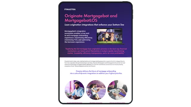 Image of tablet with cover slide of "Experience faster mortgage originations via Finastra’s partner integration ecosystem" infographic