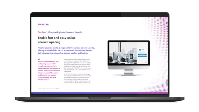 Image of laptop with cover slide for the Finastra Originate Business Deposits factsheet