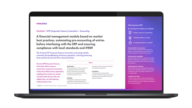 Image of laptop with cover slide for "Finastra KTP Corporate Treasury Innovation - Accounting" brochure