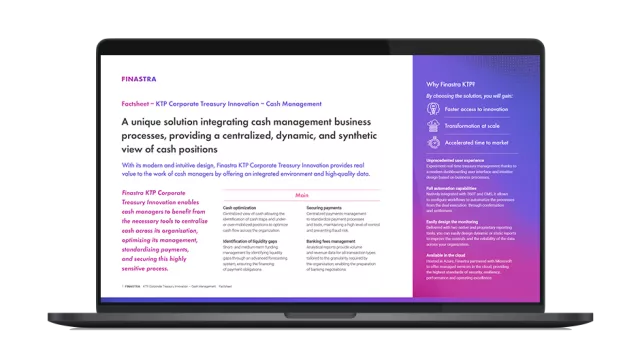 Image of laptop with cover slide for "Finastra KTP Corporate Treasury Innovation - Cash Management" brochure