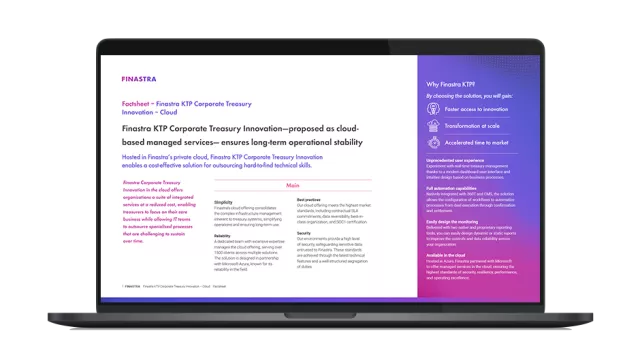 Image of laptop with cover slide for "Finastra KTP Corporate Treasury Innovation - Cloud Services" brochure