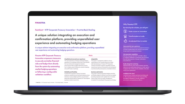 Image of laptop with cover slide for "Finastra KTP Corporate Treasury Innovation - Front-to-Back Dealing" brochure