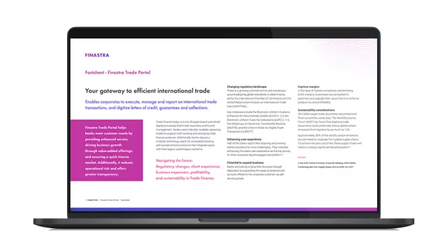 Image of laptop with cover slide of "Trade Portal powered by Finastra Corporate Channels" factsheet